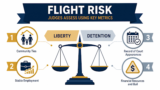 The four primary metrics evaluated by the court system and risk-assessment tools to determine a defendant's flight risk.