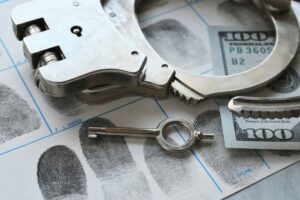 Handcuffs on a fingerprint card with cash, illustrating what happens if you bail someone out and they run.